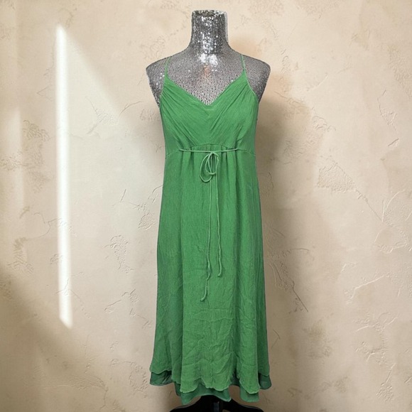 Anne Klein Dresses & Skirts - Forest Fairy Y2K Crinkle Silk Midi Babydoll Dress Tie Waist Green Summer Large